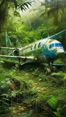 An full airplane with wings crashed in rainforest filled with green bushes painted by Claude Monet