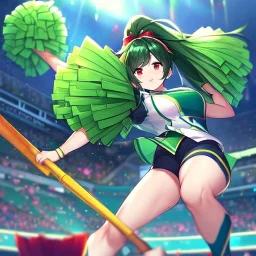 Clear focus,High resolution,High quality, Dark Green Ponytail hair, Red eyes, Cheerleading