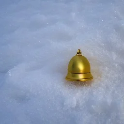 long shot of exquisite tiny gold bell buried in snow, warm colors, soft lighting, snowdrift, long shot, soft focus, extreme wide shot, aerial shot