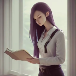 female student studying by the window, anime style,perfect face, cool face, ultra detail, unreal engine 5, cinema4d, sun light, studio lighting --ar 1:1 --v 4