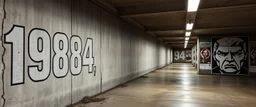 background of wall(wet textured concrete, gray, old, cracked, stained, 1 wall light) from underground parking, german style, a large blocky "1984" painted on left(old faded paint), cyberpunk, to the right of opening row of posters(blank) ending with a larger mural(tightly cropped face, scornful, staring, dictator, from 1984)