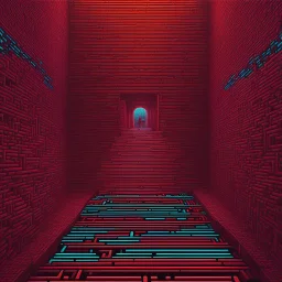 [glowing psychedelic pixel illustration with Tōru Iwatani's packman colour palette] the red bricks of the maze seeming to hum with anticipation. The phantom's gaze follows my every move, its spectral presence both haunting and alluring. I can sense a powerful energy emanating from the cherry, a feeling of both danger and temptation intertwining in the air.