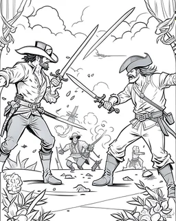 Sword Fight Showdown: Create an intense coloring page featuring a dramatic sword fight showdown between pirates, challenging artists to capture the energy of the battle.