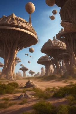 alien buildings, in the desert, surrounded by acacia trees, dunes, pathways, lake, roads, mountains, blue sky