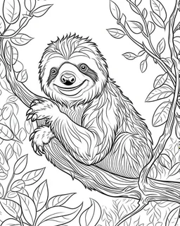 create a 2d black outline, "safari smiling cartoon sloth on a branch coloring book for kids", coloring page, low details design, black contour, coloring page design, simple background, colorful , card style, coloring page for kids, white background, sketch style, safari landscape, cartoon style