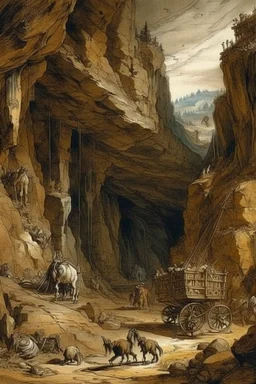 A brown underground mine in a mountain painted by Albrecht Durer