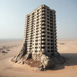 Fotografia di un grande grattacielo moderno brutalista, che sembra un tugurio, parzialmente sommerso. La struttura è erosa e inglobata dal paesaggio naturale, come se il tempo o l'ambiente avessero iniziato a "riassorbirla". No. L'atmosfera è desolata e surreale, con un ambiente circostante spoglio e sabbioso hasselblad h6d400c --ar 85:128 --v 6.0