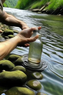 Tangan mengambil botol hanyut di sungai