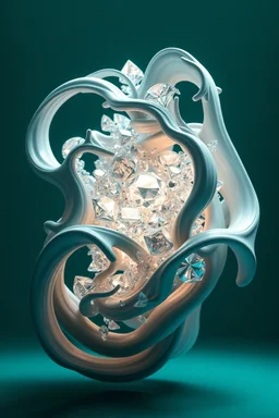 Ultra-detailed surreal biomorphic 3D sculpture of flowing organic forms crystallizing into luminous diamond clusters, elegant soft curves merging with razor-sharp gemstone facets, floating composition, deep teal atmospheric void, cinematic museum lighting, Octane render style, 8k, hyper aesthetic luxury art