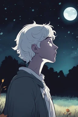 one non-binary person looking up to a tall ethereal person in a pasture at night during fall cartoon style