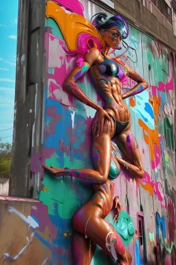 graffiti art on the back side of an abandoned building portraying a female super model posing confidently, 8k, highly detailed, centered, epic composition, graffiti art, splash art, street art, spray paint, oil gouache melting, acrylic, high contrast, colorful polychromatic, ultra detailed, ultra quality, CGSociety