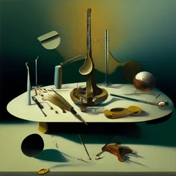 human body, universe-like table,complex surgical instruments mixed with human body-like musical instruments,minimalism,Painting By Adrian Ghenie, Rene Magritte, Lucian Freud