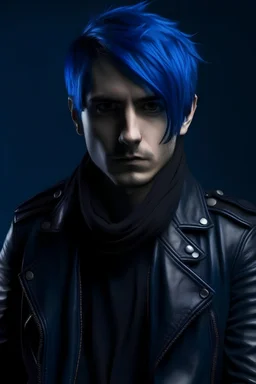 mysterious boy with dark blue hair and leather jacket
