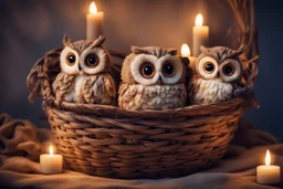 Cute stuffed owls lie in a carved basket on a soft sling, by candlelight