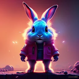 pixar style anamorphic cute cyberpunk rabbit baby, smiling, full body, magenta puffer jacket, manila city backdrop, hyper realistic, unreal engine 5, 16k,cinematic background