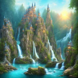 turquoise river, sun, waterfalls, fairy castle