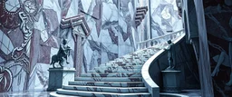 stenthal syndrome, the chariot, the fool and the tower tarot card disaster rendered in magnificient 4d glossy marble stones reflective and wet, like mirrors, winding stairs, watchers, statues of perfect octahedron dice