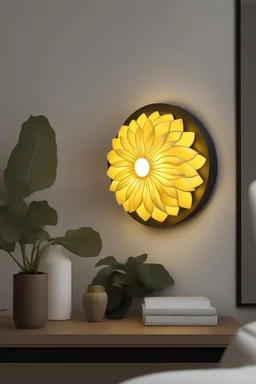 Wall lamp inspired by sunflower, modern aesthetic , versality and yellow color scheme