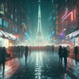 Cyberpunk street view in night , paris , rain, ground reflection