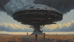 Elevated souls, science fiction painting, Denis Sarazhin, Alex Colville, Simon Stalenhag, dark ominous sky