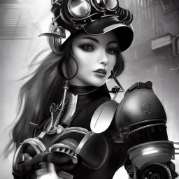 great illustrator, spanish, realistic rendering of a cute girl, beautiful, steampunk syle, black and white. Helmet with tubes. breathing tube. Machinery in the background. robotic bird flying. High details. 4k. unreal engine