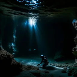 underwater images in a deep dark icy cave