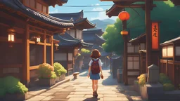 Cartoon pixar style a warm and vibrant scene in a cartoon style. The protagonist is a beautiful brown-haired girl with her backpack, exploring a traditional Kyoto street. The bright sunlight reflects off the polished wooden surfaces, highlighting the vibrant colors of the surroundings. The girl has a joyful expression, sparkling eyes, and a contagious smile. Her posture is relaxed as she wanders with curiosity and excitement, perhaps discovering the charm of Kyoto.