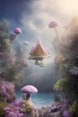 lac turquoise, ciel étoilé brillante, petit rocher avec mousse, magic hobbit house,great flower fleurs pink and white, champignon magique, elfe très beau, fée magnifique, etoile filante, cristaux, vray, cgi