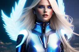 A beautiful portrait of a cute smiling cyber woman with wings, long blond platinum hair, luminous blue eyes, high key lighting, volumetric light high details with blue and white stripes white luminous celtic paterns, beam starry background