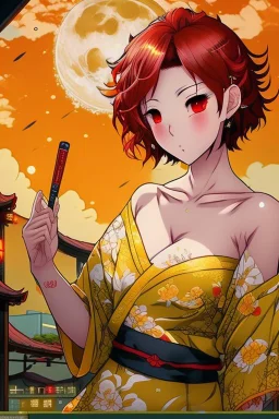 (Asian), short hair, fiery red hair hair, normal hands yukata, yellow clothes, 8k, best quality, winking, very dark night time, lighting from moon yellow moon, perfect, masterpiece, anime style, cartoon style,