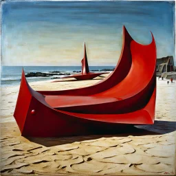 Odd red sculpture, realistic, beach, Max Ernst