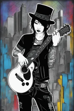 Mixed media picture, the background is black and white line art cyber city In the middle a colorful photo of an attraktive goth asian man playing on the old guitare , wearing goth dark cloths, shiny black jeans, steampunk black hat and black boots, his hair is deep blue-silver lines ans black colors, enhancing the contrast between her and the black and white cityscape space