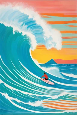 [surf illustration by David Hockney] À l’aube, je me lève, Vers La Piste, la planche sous le bras, Sur la vague, je me lève aussi, Une, deux, trois fois, je vole.