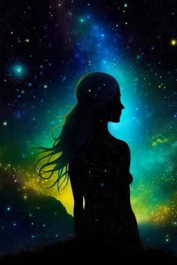 Cosmic Elements and Female Spirituality The current is colored in different shades of blue, green, and yellow, creating a dynamic and powerful effect. The girl's silhouette is outlined by cosmic elements, such as stars and planets, which add to the fantasy-like atmosphere. The background is set against a galaxy background, adding a sense of space and adventure. The photo is taken with a high-resolution 4K cam