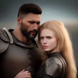 A photo realistic portrait of a stunning blonde girl and muscular dark haired man in a lovers embrace standing in front of a medieval castle