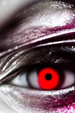 Extreme close-up of the human eye and robotic eye of a cyborg assassin, soulless, gleaming metallic pink to metallic red, cyberpunk technopunk, AbstractTech, rectangular, style of The Terminator