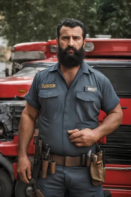 portrait figure photography of a 38 year old beefy burly turkish plumber, wearing his work unbuttoned uniform, bulge, leaning with his back to his van, arms folded and angry look, , hairy chest, big belly, very virile, long black beard, shaved hair, sweat, , in a sunny street, photorealistic