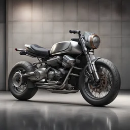 A highly realistic and detailed image of a modern motorcycle in a three-quarter view, showcasing its sleek design with metallic and matte finishes. The image should clearly define elements like the engine, exhaust, suspension, handlebars, and detailed tread patterns on the tires, with accurate depiction of spokes or alloy wheels. The background should be a simple and neutral concrete floor or empty street, ensuring the focus remains entirely on the motorcycle