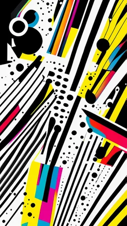 Abstract bold black and white lines and colourful spots