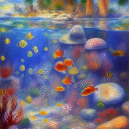 serene underwater scene, fish, rocks, watercolor painting, by renoir