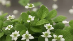 The mint is just starting to sprout, showing its fresh, bright green leaves. The artist uses bright greens and white to embody the freshness and vitality of mint. Small leaves and small white flowers that adorn the plant can be painted.