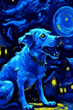 un perro azul ladrando en la noche bajo una llena al estilo de Van gogh