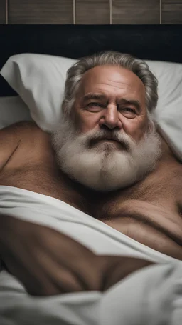 photography of a sicilian big chubby man 65 years old, white beard, very hairy, shirtless, manly chest, lying down in the bed relaxing, aerial view, big shoulders, manly shoulders, dim lights, side light, white sheets, photorealistic, photographic, 32k