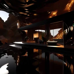A close-up of a cave villa fully furnished The translucent within the fractal glows with a captivating mesmerizing dance of recursion. The sunset glow casts an otherworldly upon the sleek black chocolate glazed surface, creating an enchanting and surreal visual spectacle.