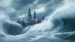Create an photorealistic image of a Big blue tsunami rushing towards Ghent, a city in Belgium. The scene should be eye-catching and create a sense of urgency and danger, make the image high-definition