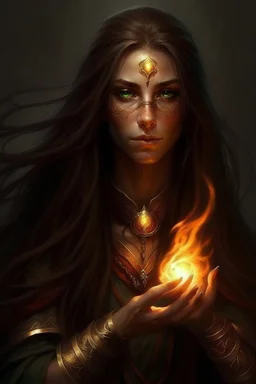 Female eladrin druid. Makes fire with her hands. Fire abilities. Long hair with fire texture. Eyes with fire reflection. A scar over left eye.