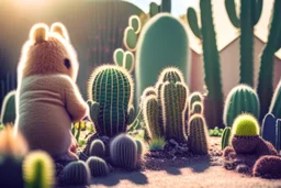 cacti garden, two cute fluffy chibi creatures, one kneeling and planting cacti, the other watching with arms folded in sunshine, ethereal, cinematic postprocessing, dof, bokeh