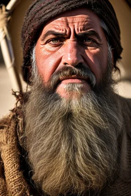 Portrait photography of a turkish angry bearded ugly brawn 60-year-old rough big chubby burly scars bullneck turkish tourist guide wearing traditional pants, manly chest, with very bushy eyebrows , photorealistic, sunlight, ambient occlusion, strong side light , sitting in a camping tent in the desert