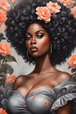 Create an expressive oil painting art image of a curvy black female wearing a grey off the shoulder blouse and she is looking down with Prominent makeup. Highly detailed tightly curly black afro. Background of large peach and grey flowers surrounding her