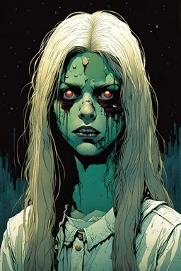 create a hardened, undead teenage Girl Scout, finely defined but decayed facial features, necrotic skin, selling cookies in a suburban neighborhood, in the comic book art style of Mike Mignola, Bill Sienkiewicz and Jean Giraud Moebius, , highly detailed, grainy, gritty textures, , dramatic natural lighting